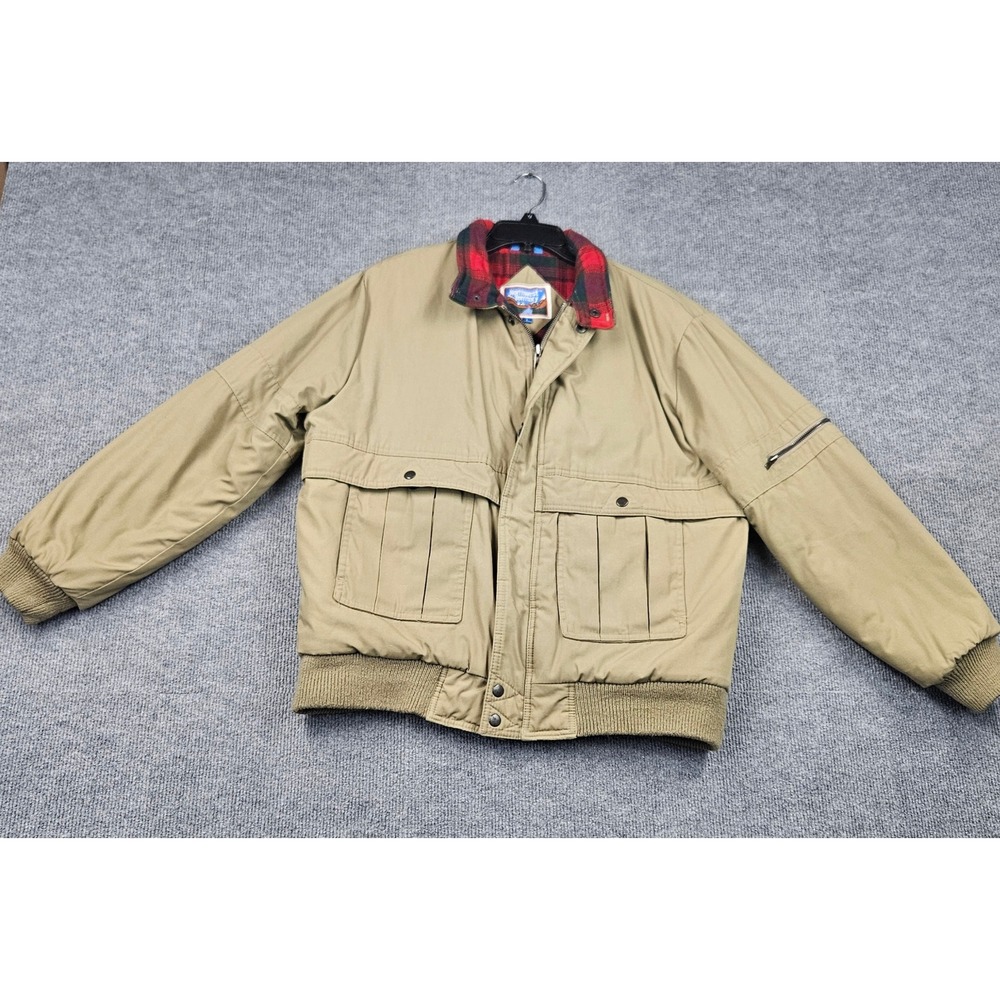 Northwest Territory Mens Bomber Jacket Tan Plaid Lined Cargo Pockets Large